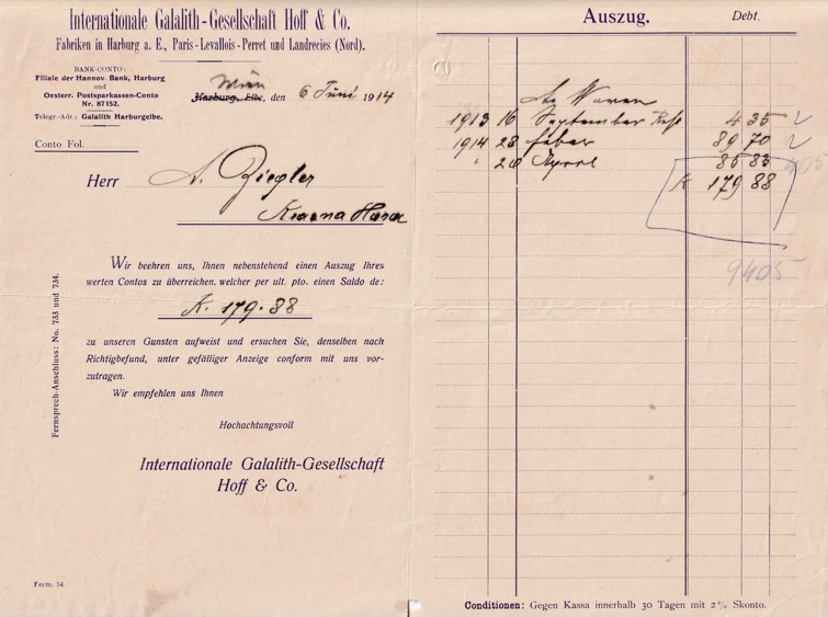 Účet galalit Hoff Vídeň, Krásná Hora 1914