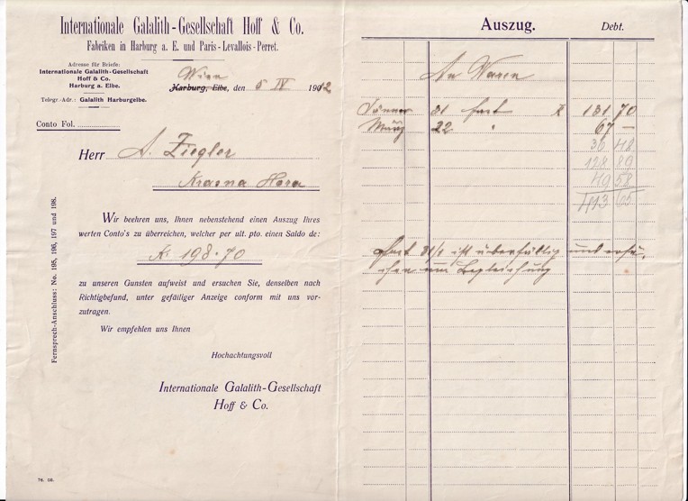 Účet galalit Hoff Vídeň, Krásná Hora 1912