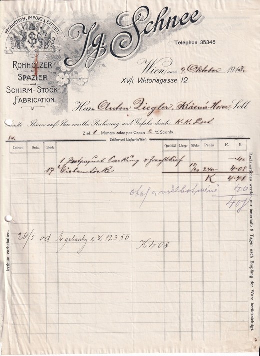Účet výrobky z rohů Schnee, Vídeň 1913