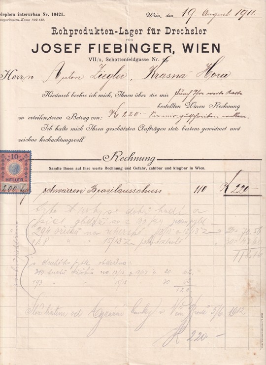 Účet výrobky z rohů J. Fiebinger, Vídeň 1911