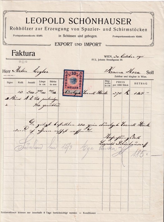 Účet výrobky z rohů L. Schönhauser, Vídeň 1911