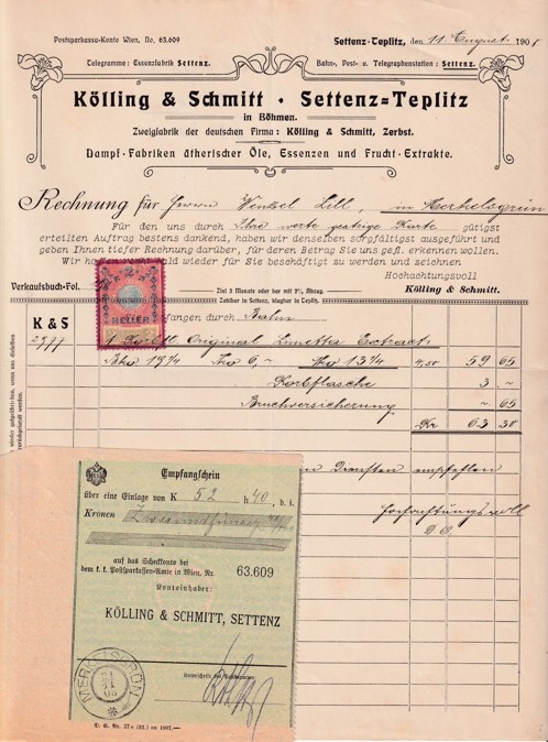 Účet potraviny Kölling a Schmitt, Teplice 1905