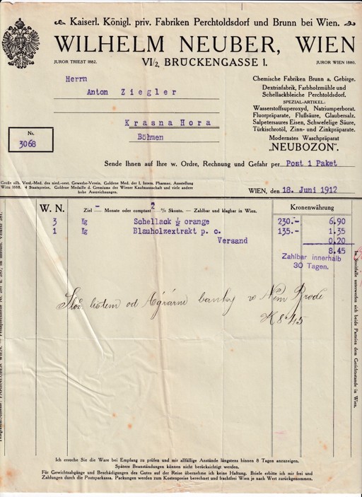 Účet chemická továrna W. Neuber, Vídeň 1912