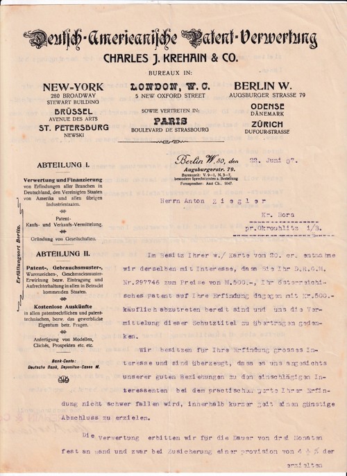 Účet patenty Ch. J. Krehain, Berlín 1907