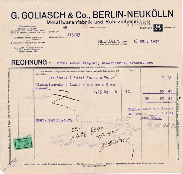Účet železo G. Goliasch Berlín, Krásná Hora 1925