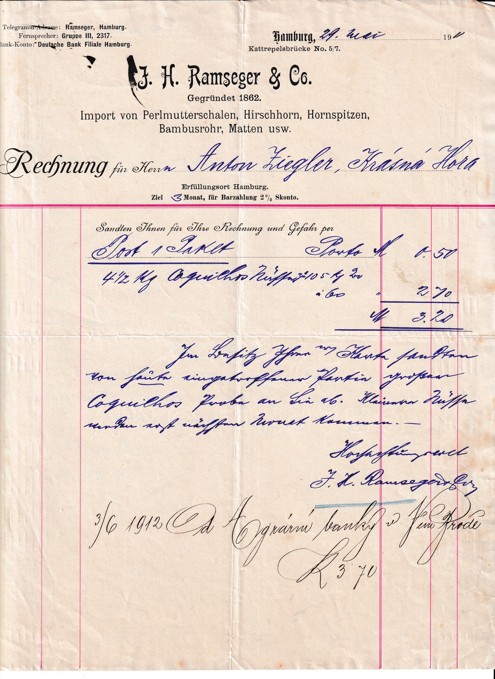 Účet import J. H. Ramseger, Hamburk 1910