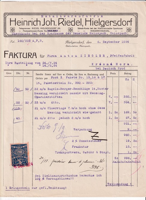 Účet železo Heinrich J. Riedel, Hielgersdorf 1924