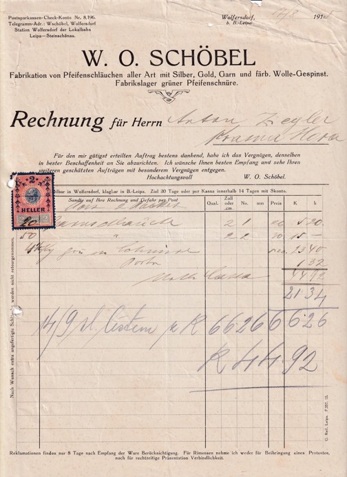 Účet trubky W. O. Schöbel, Volfratice 1915