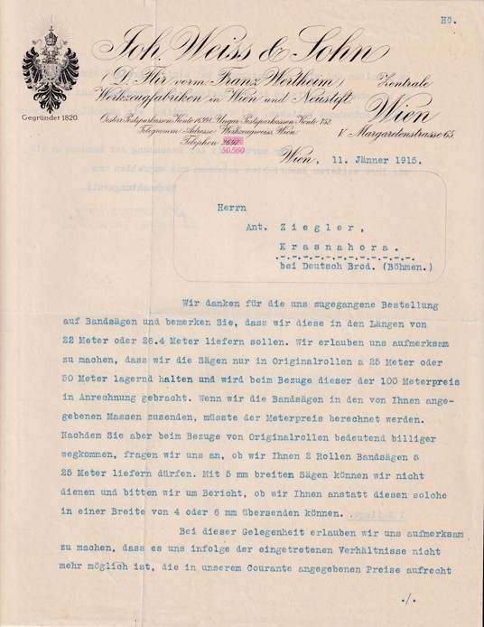 Účet nářadí Joh. Weiss Vídeň, Krásná Hora 1915