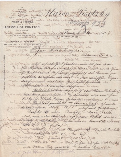 Účet kuřácké potřeby M. Pisetzky, Řím 1907