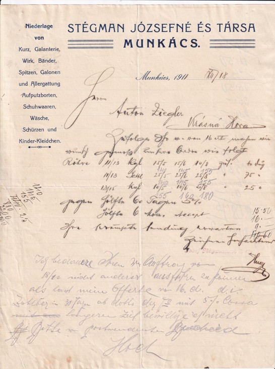 Účet koloniál Stégman Józsefné, Mukačevo 1911