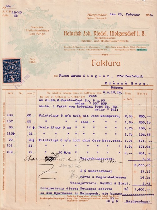 Účet železo Heinrich J. Riedel, Hielgersdorf 1925
