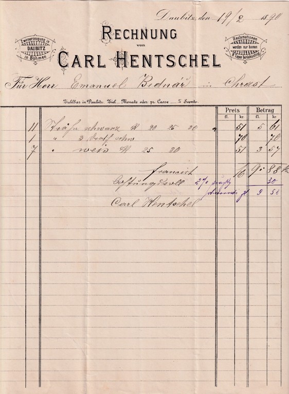 Účet Carl Hentschel, Doubice 1890