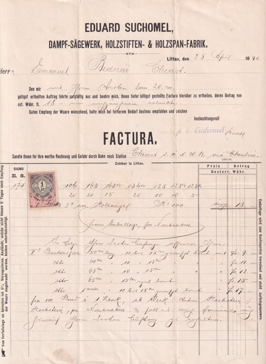 Účet dříví Eduard Suchomel, Litovel 1890