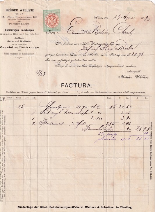 Účet kožené zboží Brüder Wellesz, Vídeň 1890