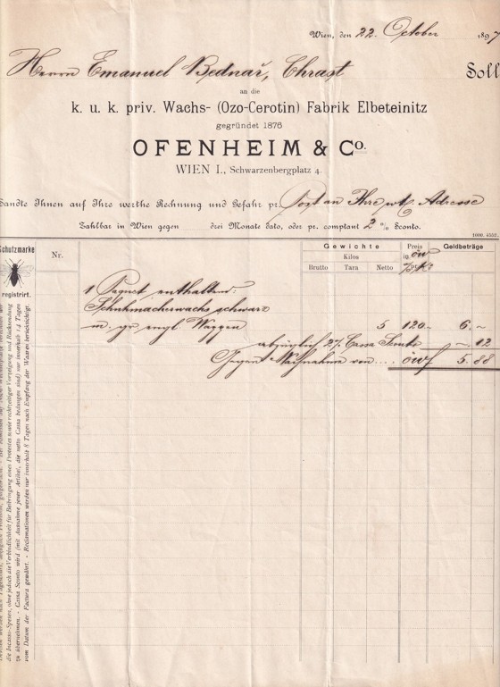 Účet vosk Ofenheim, Vídeň, Bednář Chrast 1897