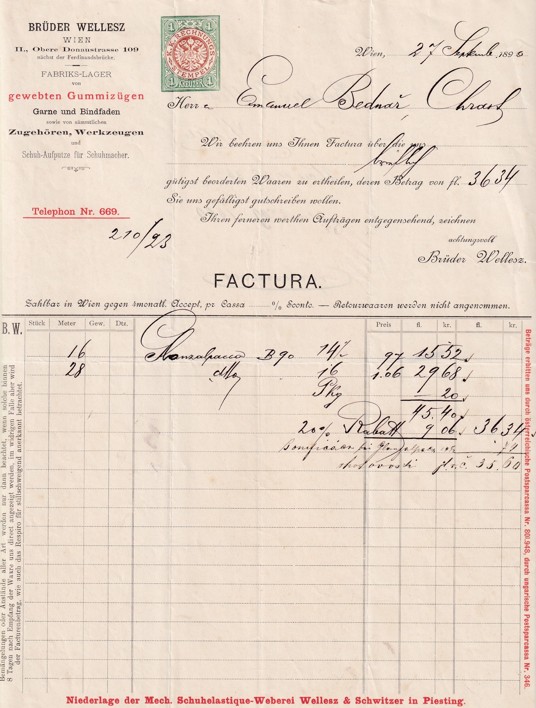 Účet kožené zboží Brüder Wellesz, Vídeň 1890