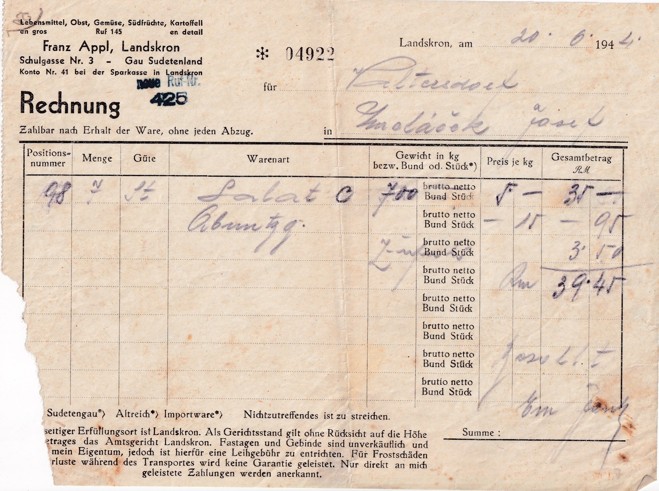 Účet potraviny Franz Appl, Lanškroun 1944