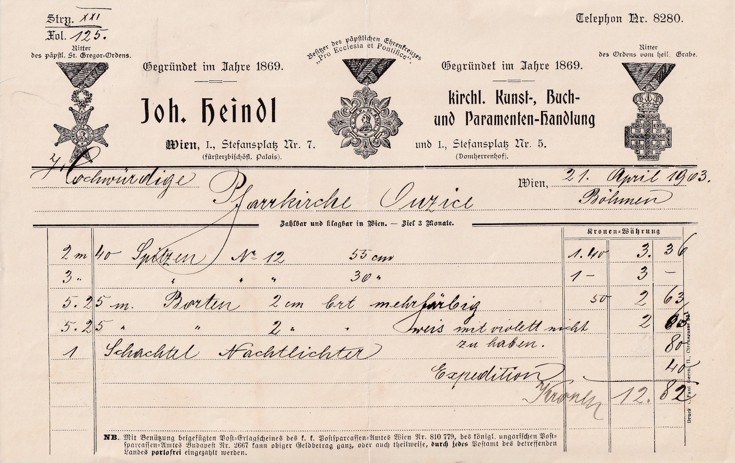 Účet vybavení do kostela Joh. Heindl, Vídeň 1903