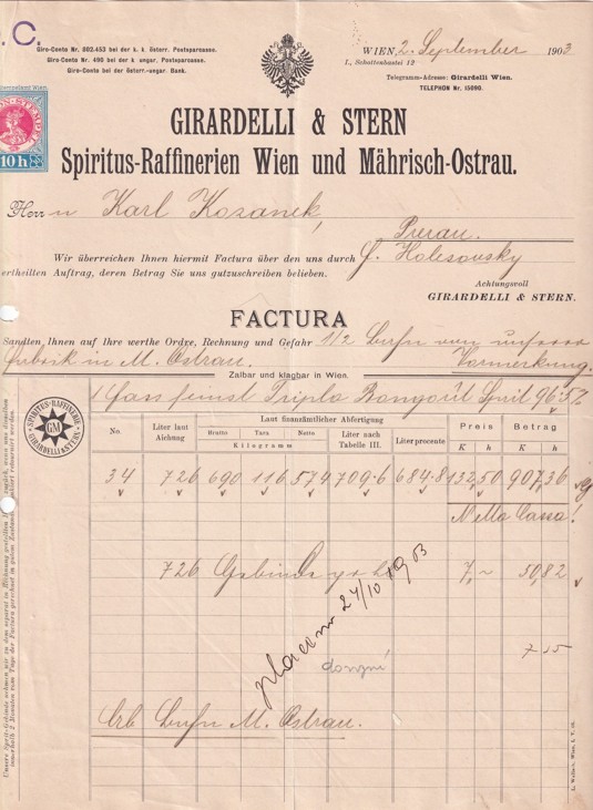 Účet alkohol Girardelli a Stern, Ostrava 1903