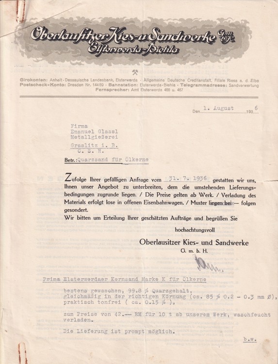 Účet písek, štěrk, Elsterwerda, Kraslice 1936