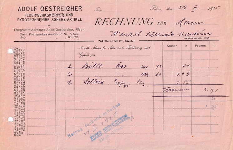 Účet pyrotechnika A. Oestreicher, Plzeň 1915