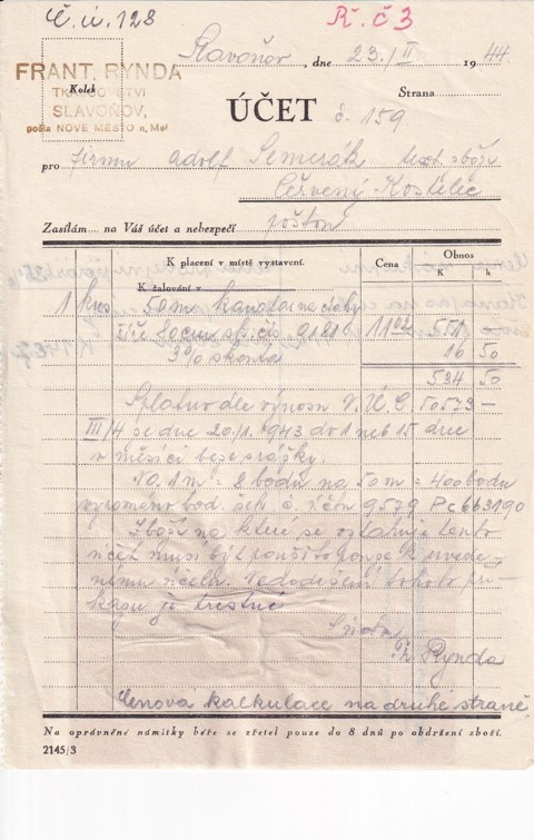 Účet tkalcovna Fr. Rynda, Slavoňov 1944