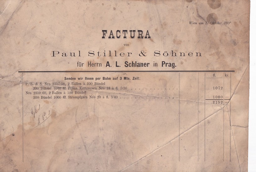 Účet tkalcovna Paul Stiller, Schlanner Praha 1890