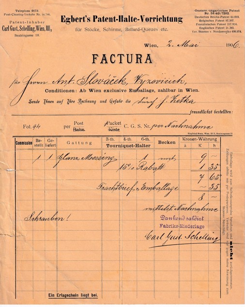 Účet hole Egbert Vídeň, Slováček Vizovice 1906