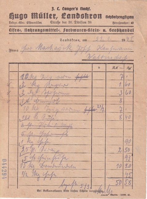 Účet stavebniny Hugo Müller, Lanškroun 1945