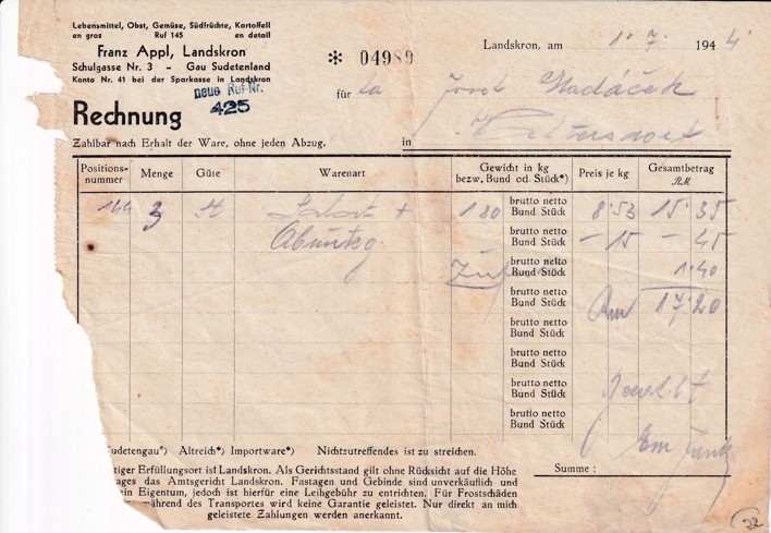 Účet potraviny Franz Appl, Lanškroun 1944