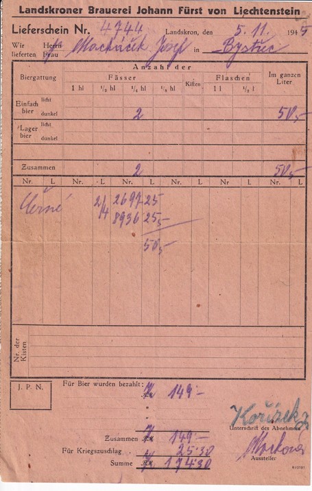 Účet architekt Johann Fürst, Lanškroun 1945