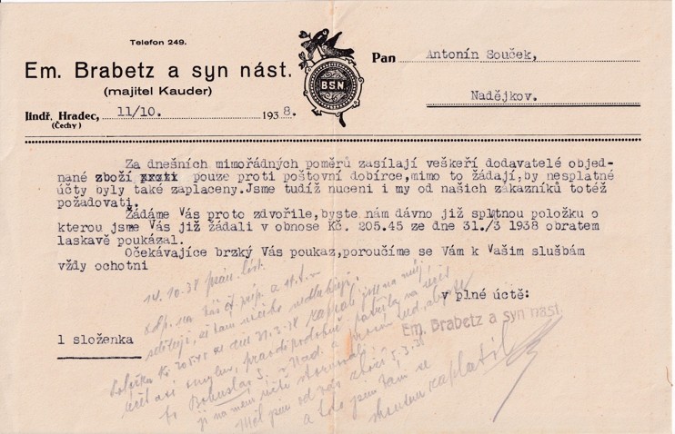 Účet E. Brabetz J. Hradec, 1938