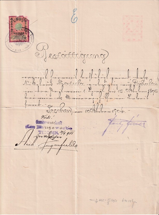 Účet Družstevní stavebniny, Těšín 1904