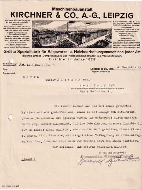 Účet strojírenství Kirchner Lipsko, Vápenná 1929