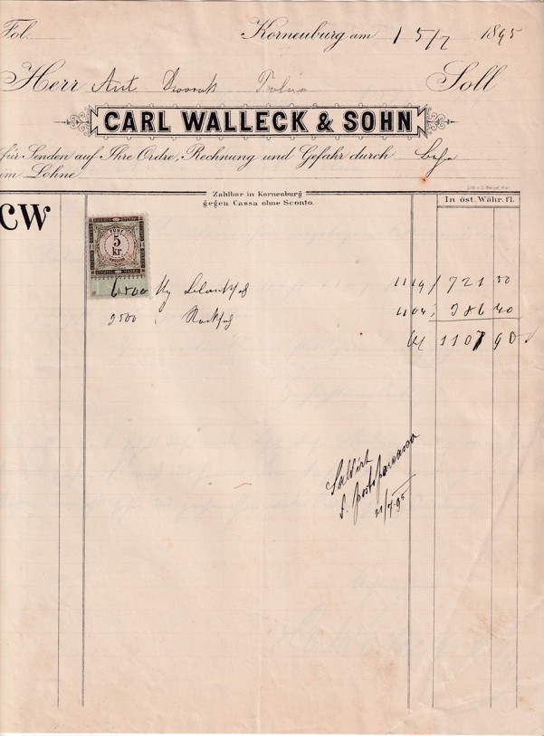 Účet Carl Walleck Korneuburg, Dvořák Polná 1895