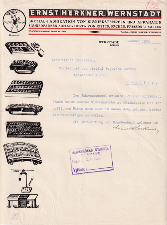 Účet razítka Ernst Herkner, Verneřice 1936