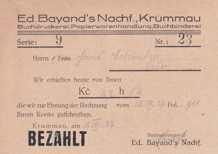 Účet tiskárna Ed. Bayand, Český Krumlov 1927