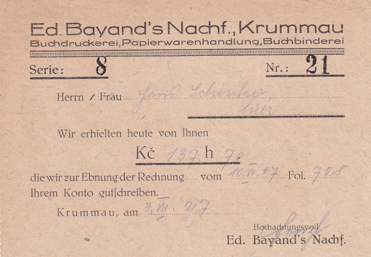 Účet tiskárna Ed. Bayand, Český Krumlov 1927