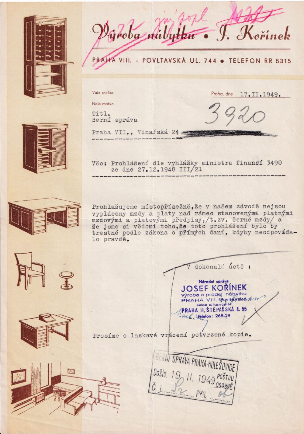 Účet, Výroba nábytku, Praha, 1949