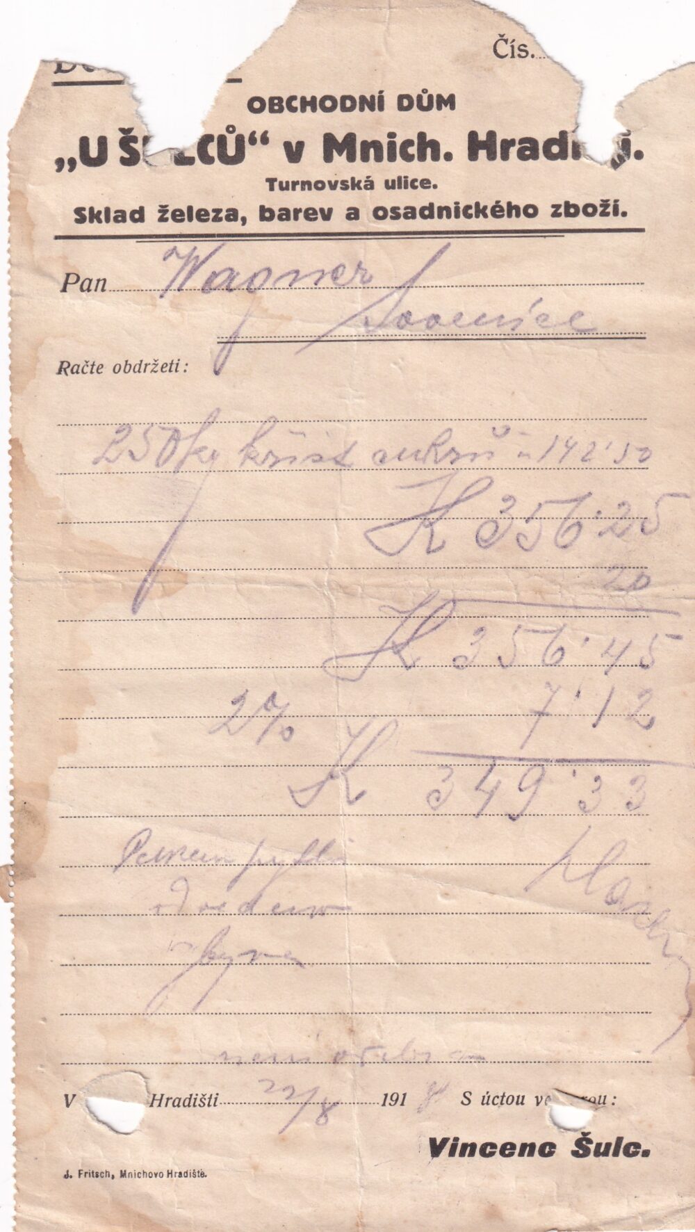 Účet, Obchodní dům, Mnichovo Hradiště, 1918