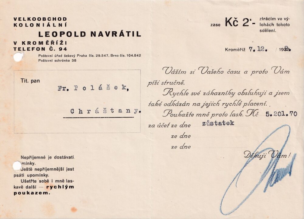 Účet, Velkoobchod koloniální, Kroměříž, 1923