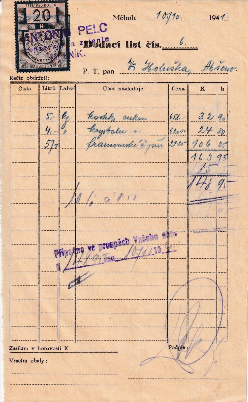 Účet, Zboží smíšené, Mělník, 1941