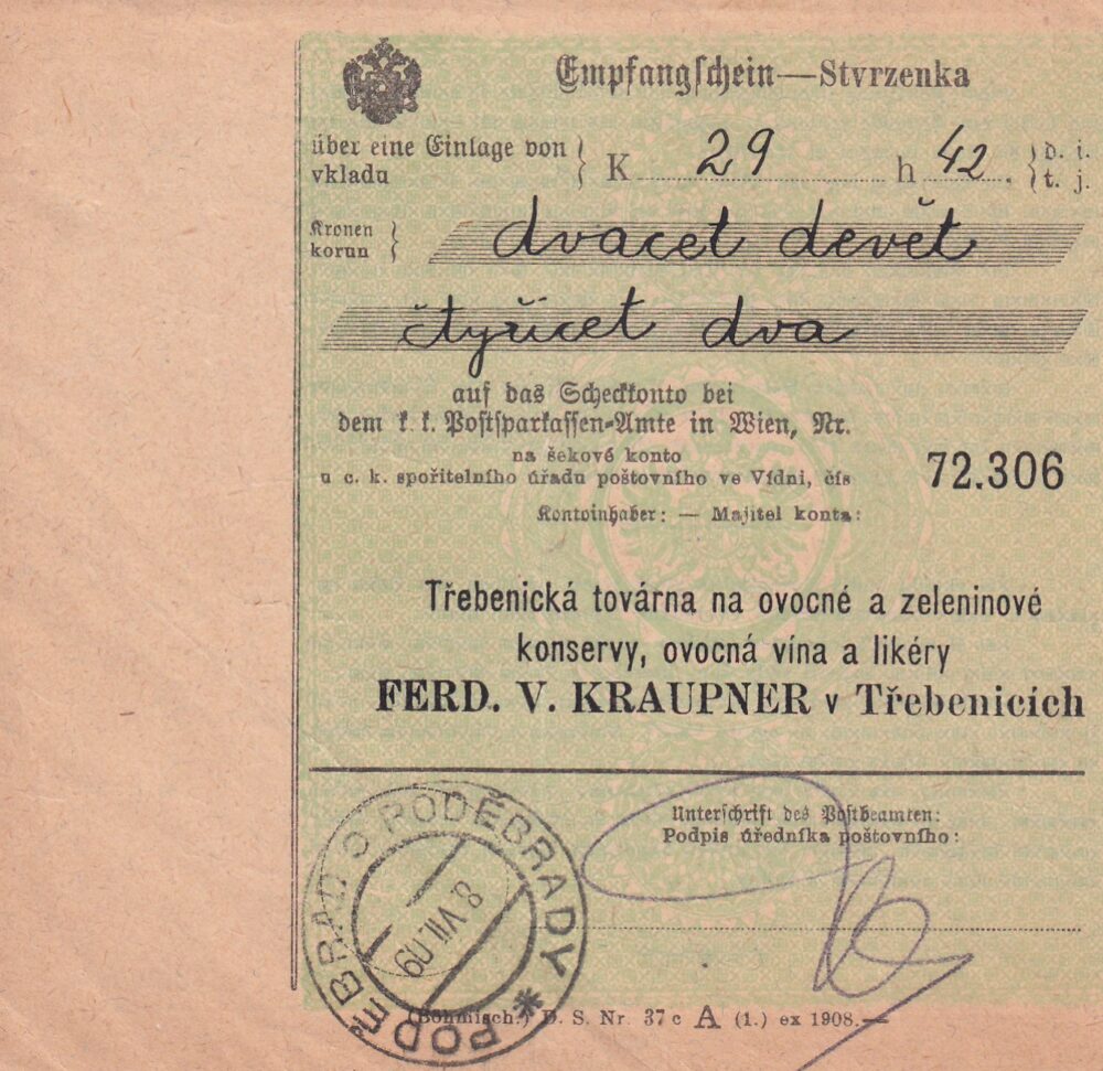 Účet, Továrna-ovoce, zelenina, konservy, Poděbrady