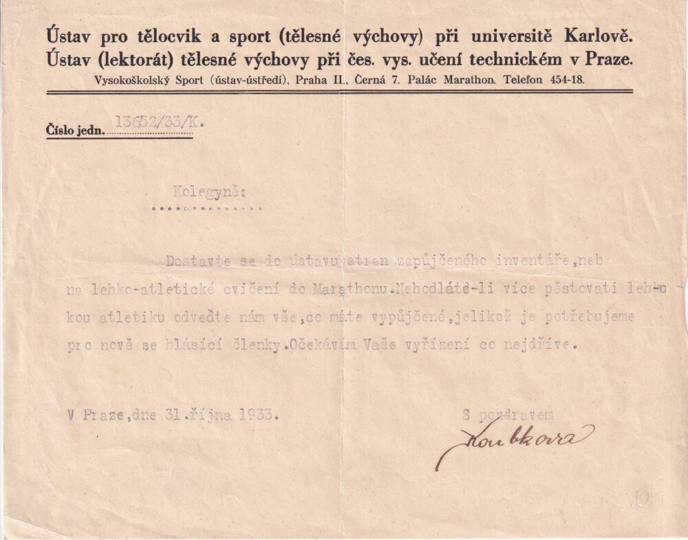 Účet, Ústav pro tělocvik a sport, Praha, 1933