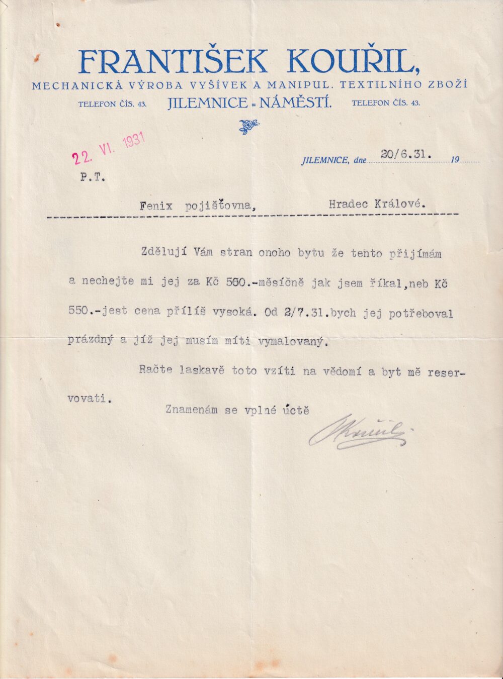 Účet, Výšivky a textilní zboží, Jilemnice, 1931