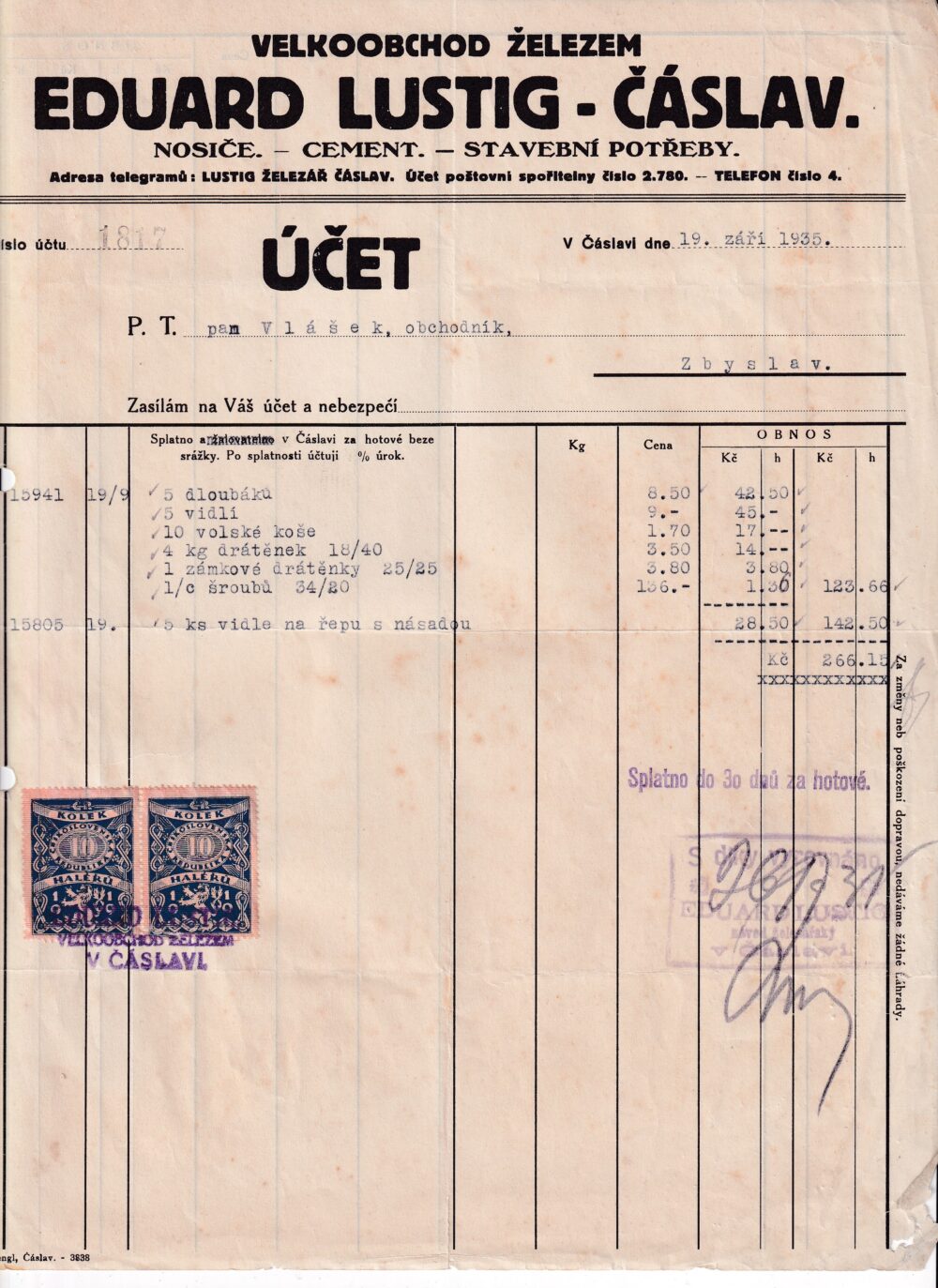 Účet, Velkoobchod železem, Čáslav, 1935