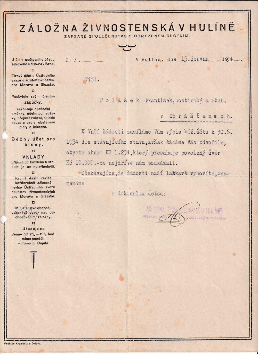 Účet, Živnostenská záložna, Hulín, 1934