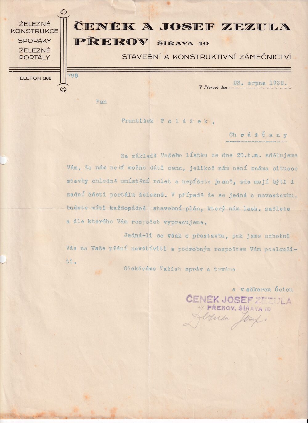 Účet, Stavební a konstruktivní záměčnictví, 1932