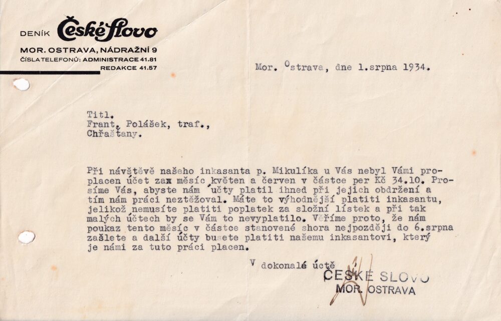 Účet, Deník-České slovo, Moravská Ostrava, 1934